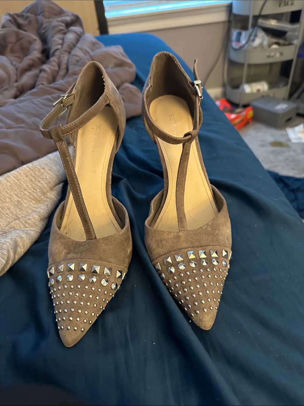 BCBGeneration Taupe T-Strap Pointed Heels with Silver Stud Accents